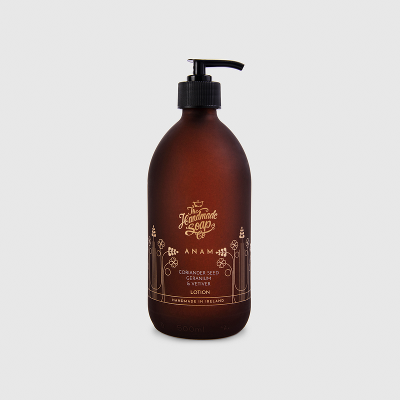 Handmade, Natural, Vegan and Cruelty Free Body Lotion. Scented with essential oils from Coriander Seed Geranium and Vetiver.